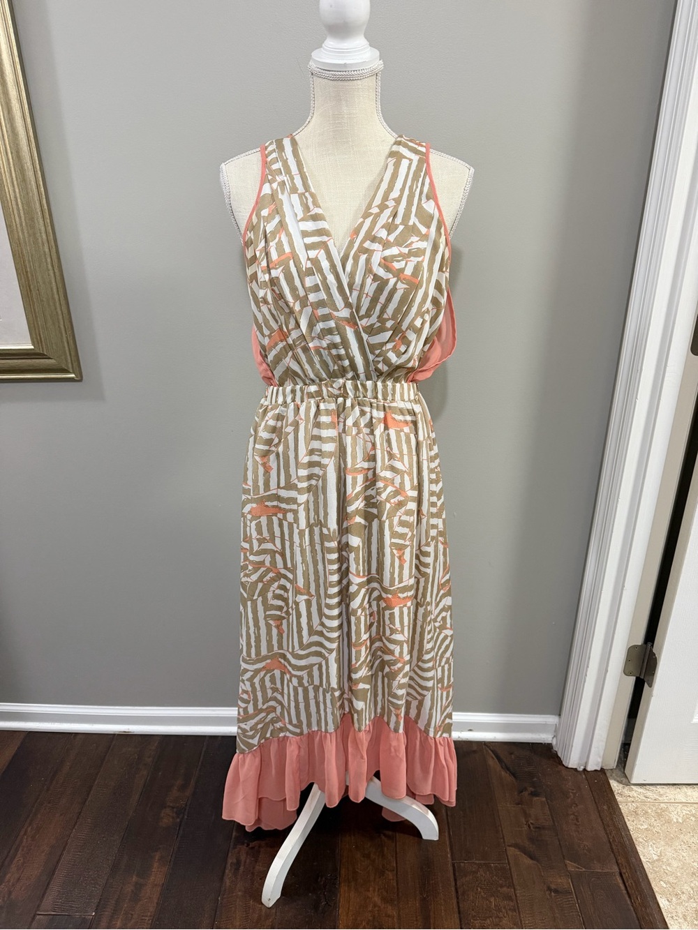 A'Reve Coral-Trim Printed Maxi High Low Ruffle Hem Dress. Size S